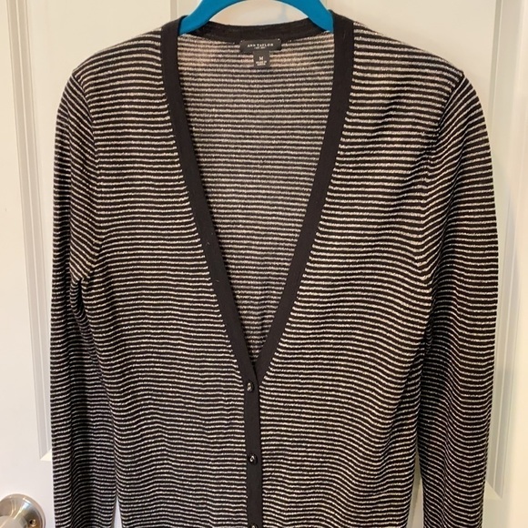 Ann Taylor Fine Merino Striped Thin Long Sparkly Cardigan EUC - Picture 4 of 15